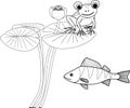 Coloring page with frog sitting on leaf of blooming water-lily plant and perch Royalty Free Stock Photo